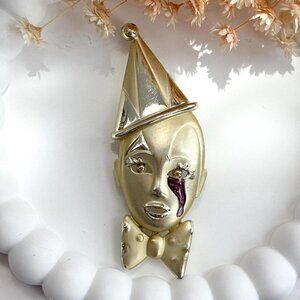 Weeping Gold Toned Clown With Purple Tear Matte Polished Vintage Brooch Pin